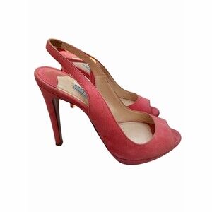 Prada Pink Suede Slingback Peep Toe Platform Stiletto Heels Womens 6.5